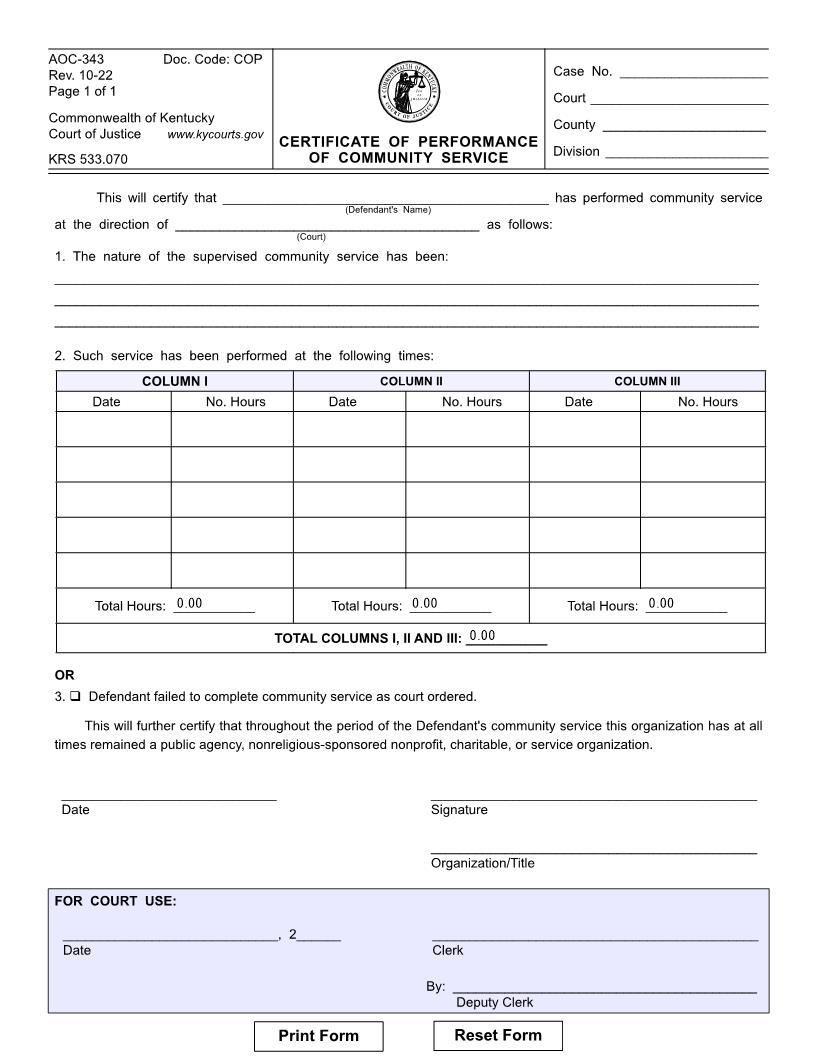 Certificate Of Performance Of Community Service {AOC-343} | Pdf Fpdf Doc Docx | Kentucky