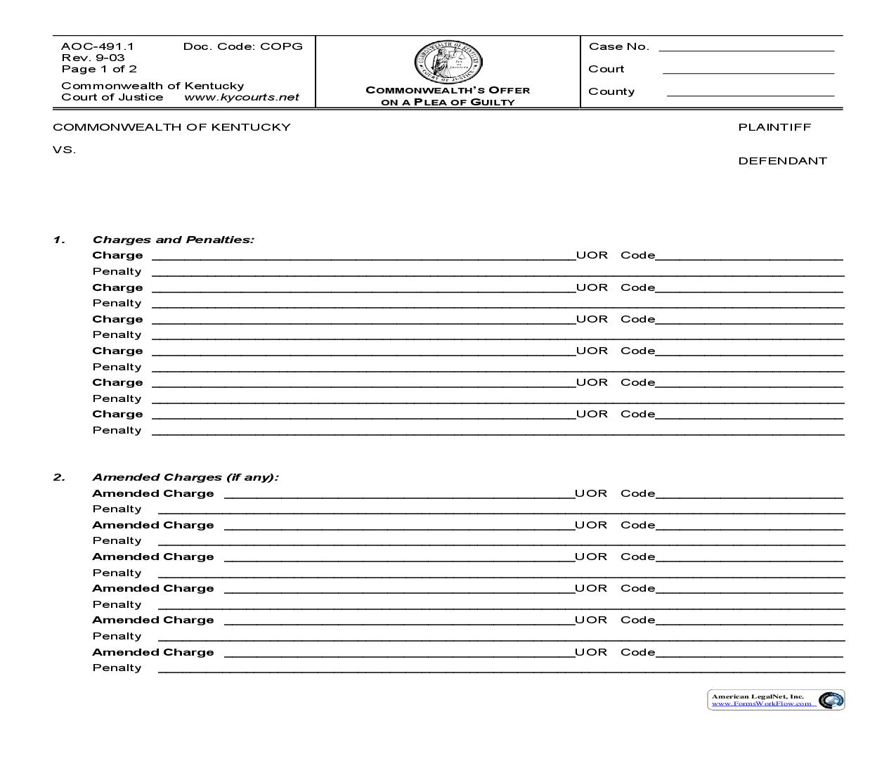Commonwealths Offer On Plea Of Guilty {491.1} | Pdf Fpdf Doc Docx | Kentucky