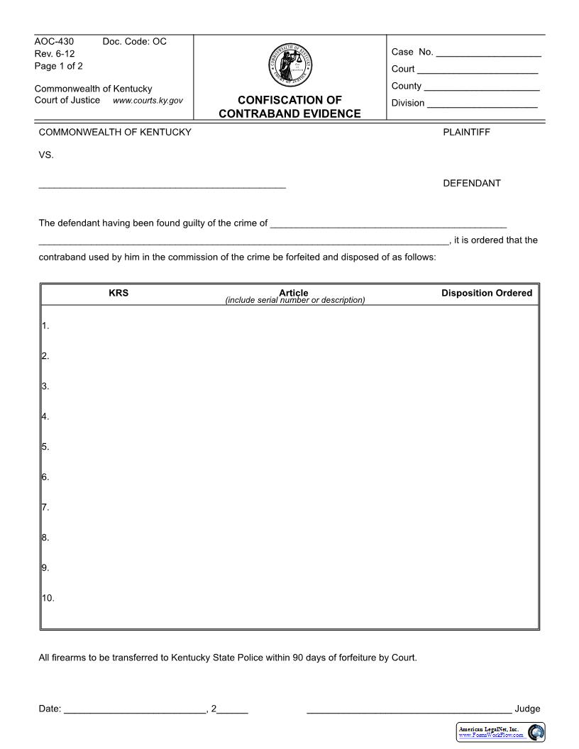 Confiscation Of Contraband Evidence {AOC-430} | Pdf Fpdf Docx | Kentucky