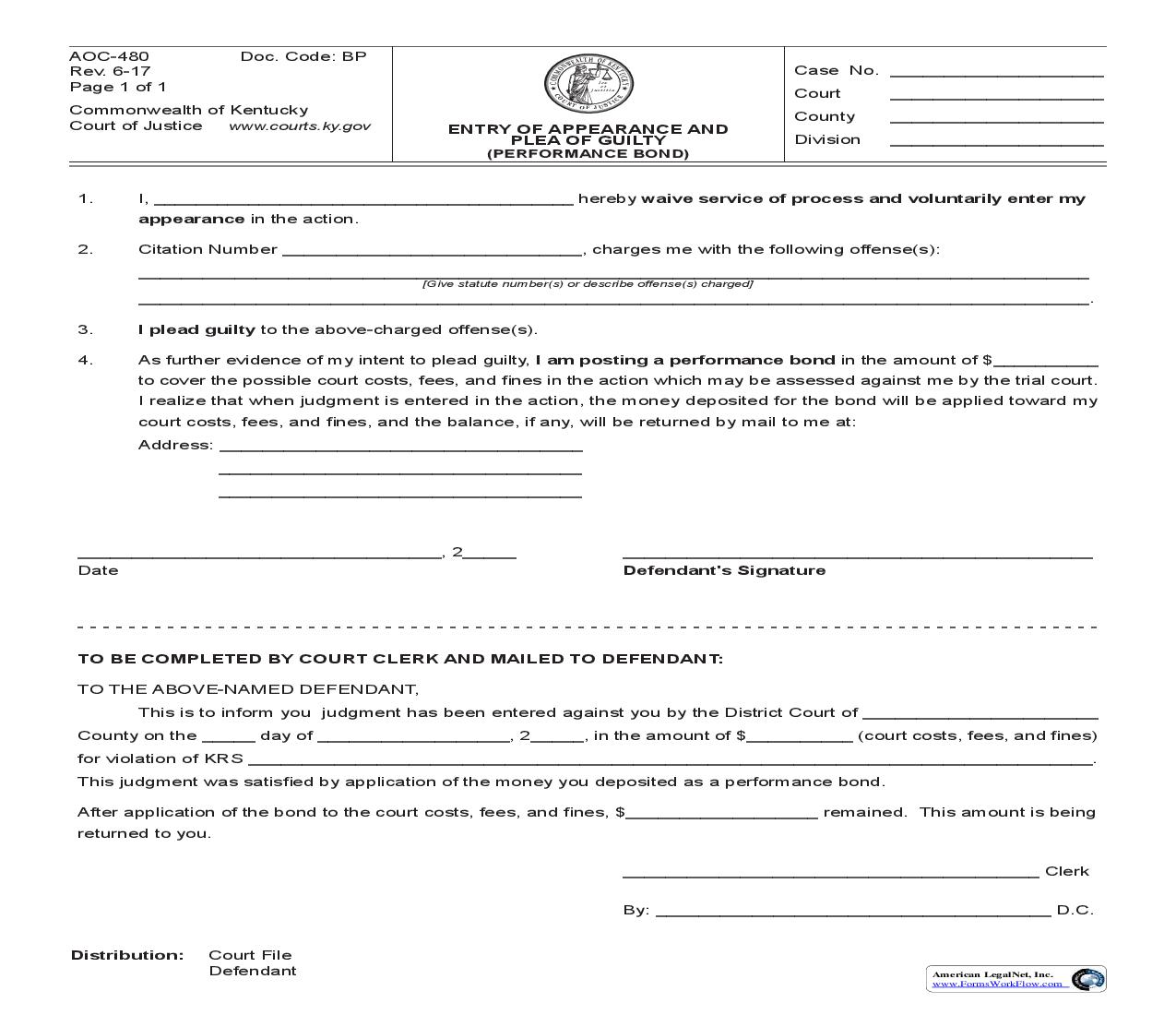 Entry Of Appearance And Plea Of Guilty (Performance Bond) {480} | Pdf Fpdf Doc Docx | Kentucky