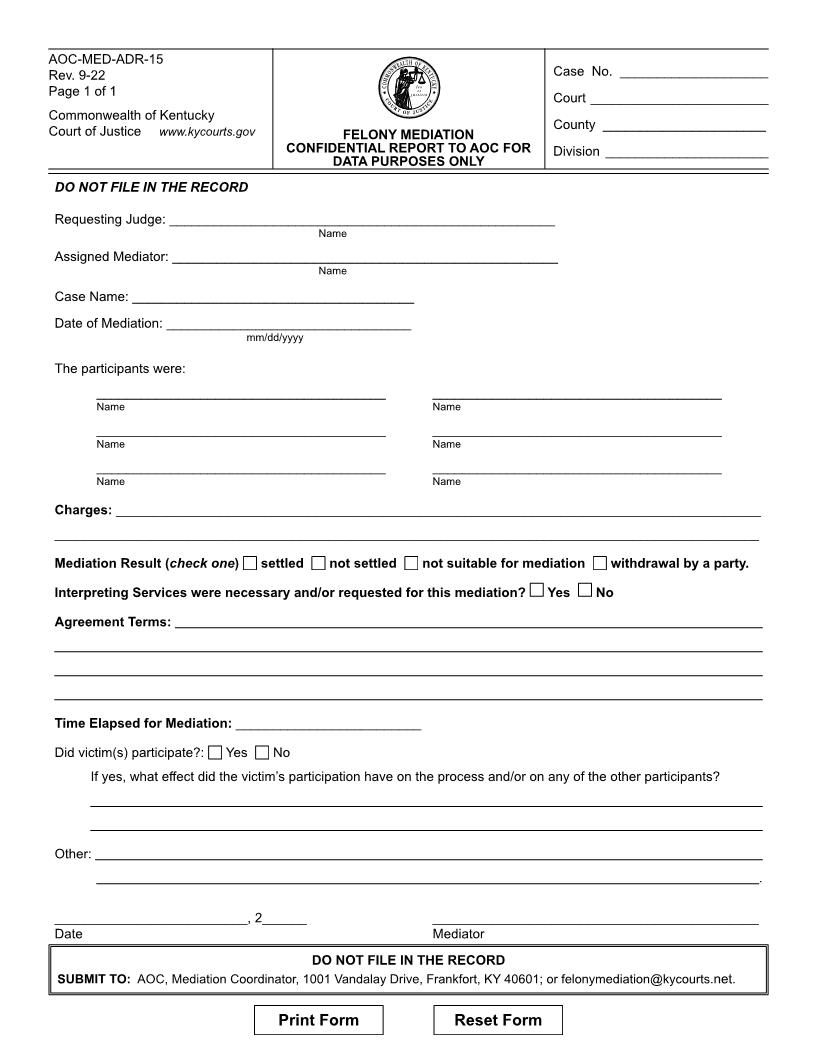 Felony Mediation Confidential Report {AOC-MED-ADR-15} | Pdf Fpdf Docx | Kentucky