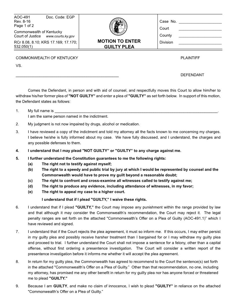 Motion To Enter Guilty Plea {491} | Pdf Fpdf Doc Docx | Kentucky