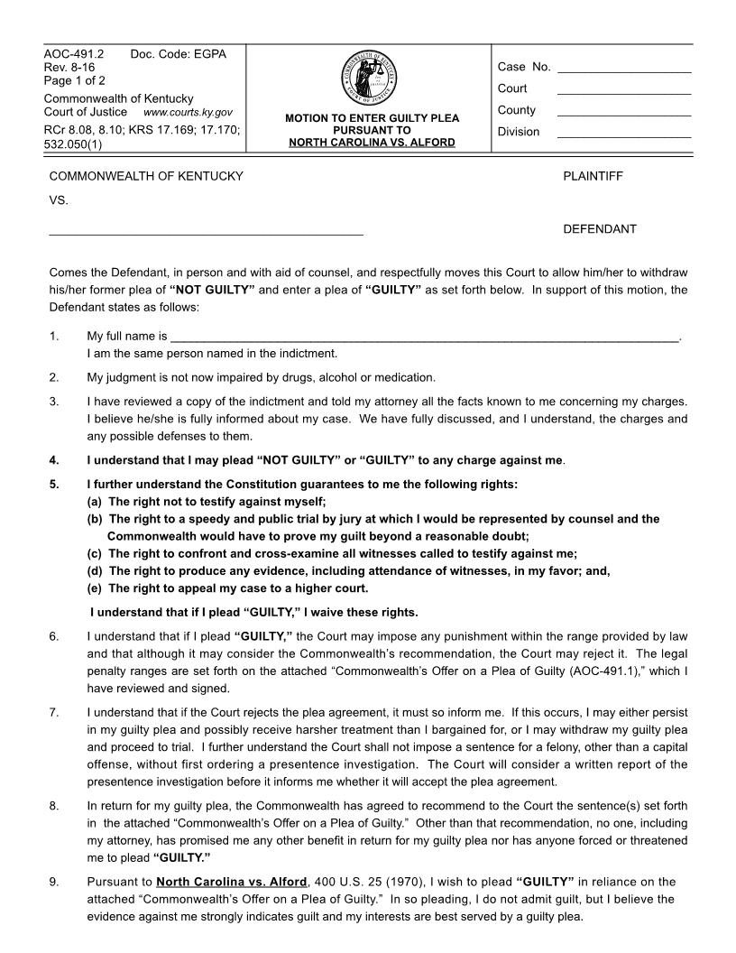 Motion To Enter Guilty Plea Pursuant To North Carolina Vs Alford {491.2} | Pdf Fpdf Doc Docx | Kentucky
