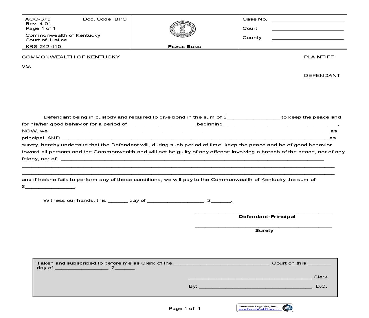 Peace Bond {375} | Pdf Fpdf Doc Docx | Kentucky