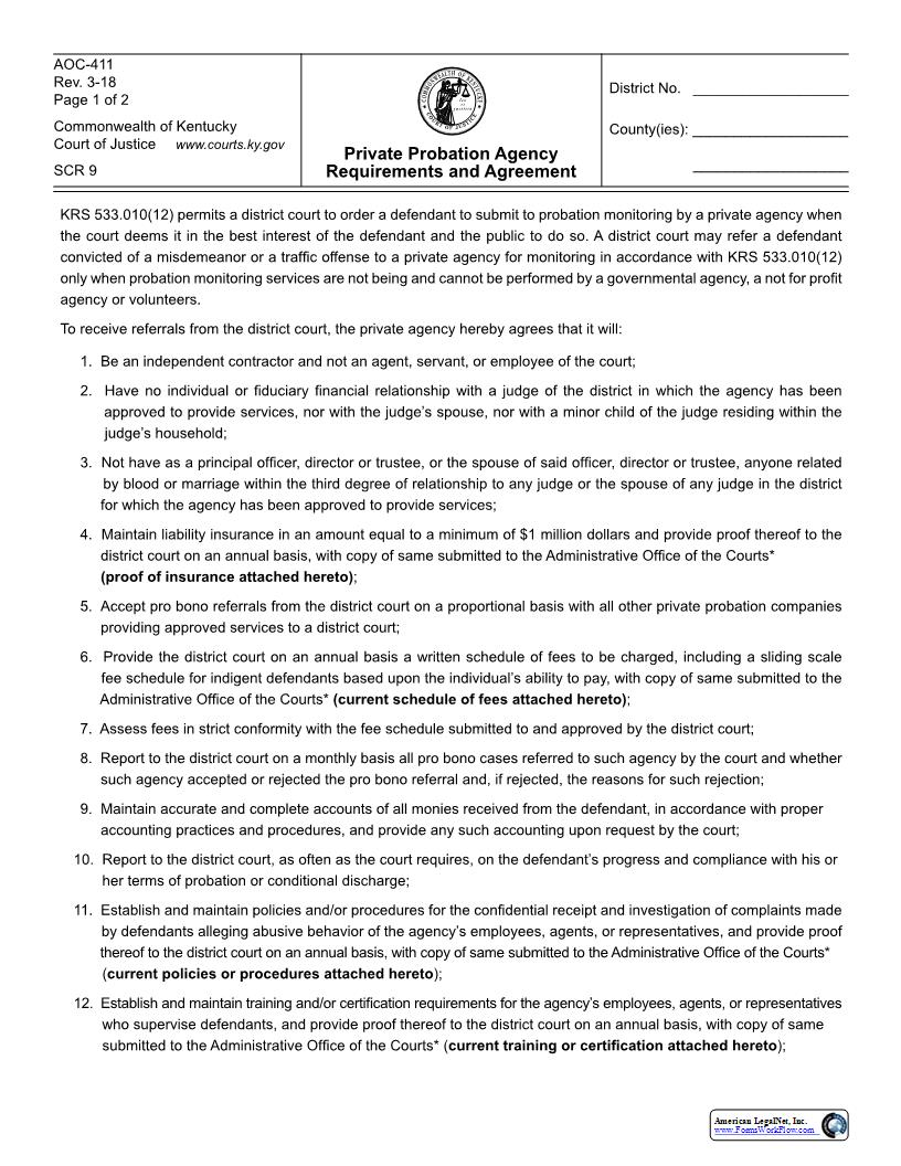 Private Probation Agency Requirements And Agreement {411} | Pdf Fpdf Docx | Kentucky