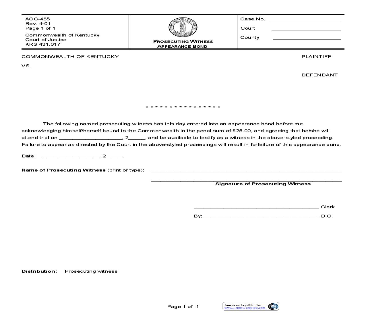 Prosecuting Witness Appearance Bond {485} | Pdf Fpdf Doc Docx | Kentucky