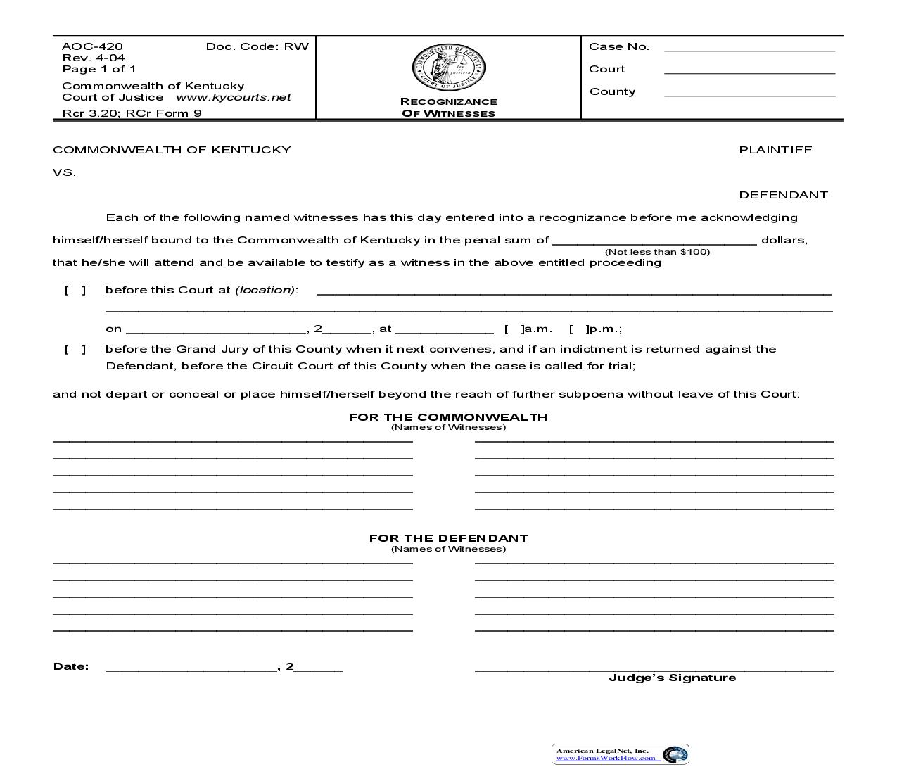 Recognizance Of Witnesses {420} | Pdf Fpdf Doc Docx | Kentucky
