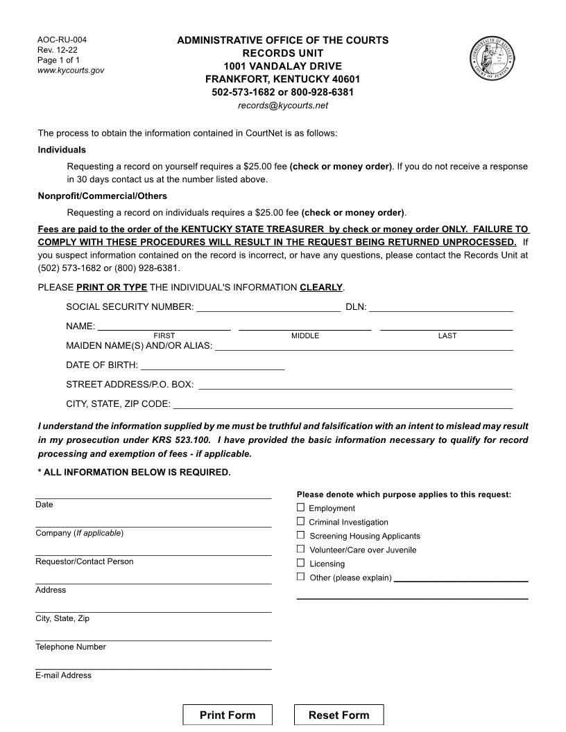 Records Unit Inquiry Into Court Form {AOC-RU-004} | Pdf Fpdf Docx | Kentucky