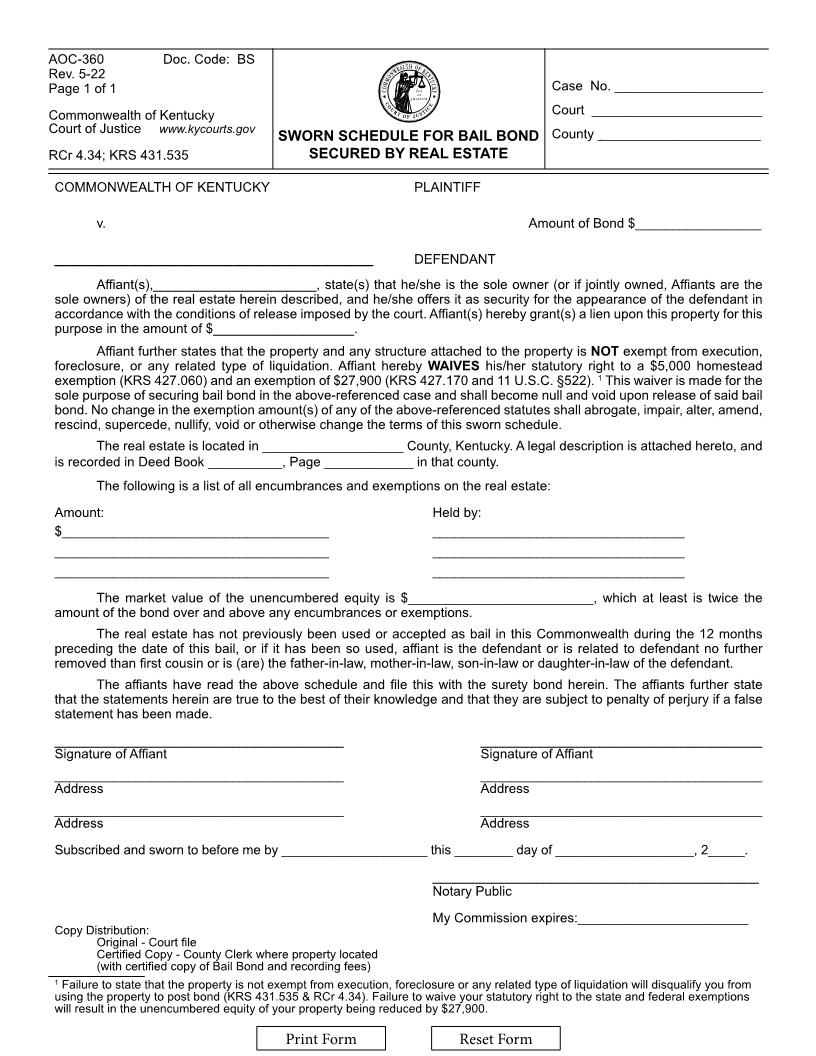 Sworn Schedule For Bail Bond Secured By Real Estate {360} | Pdf Fpdf Doc Docx | Kentucky