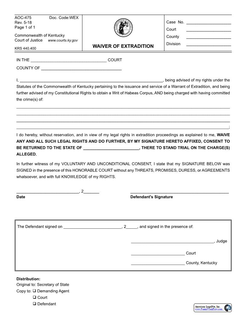 Waiver Of Extradition {475} | Pdf Fpdf Docx | Kentucky