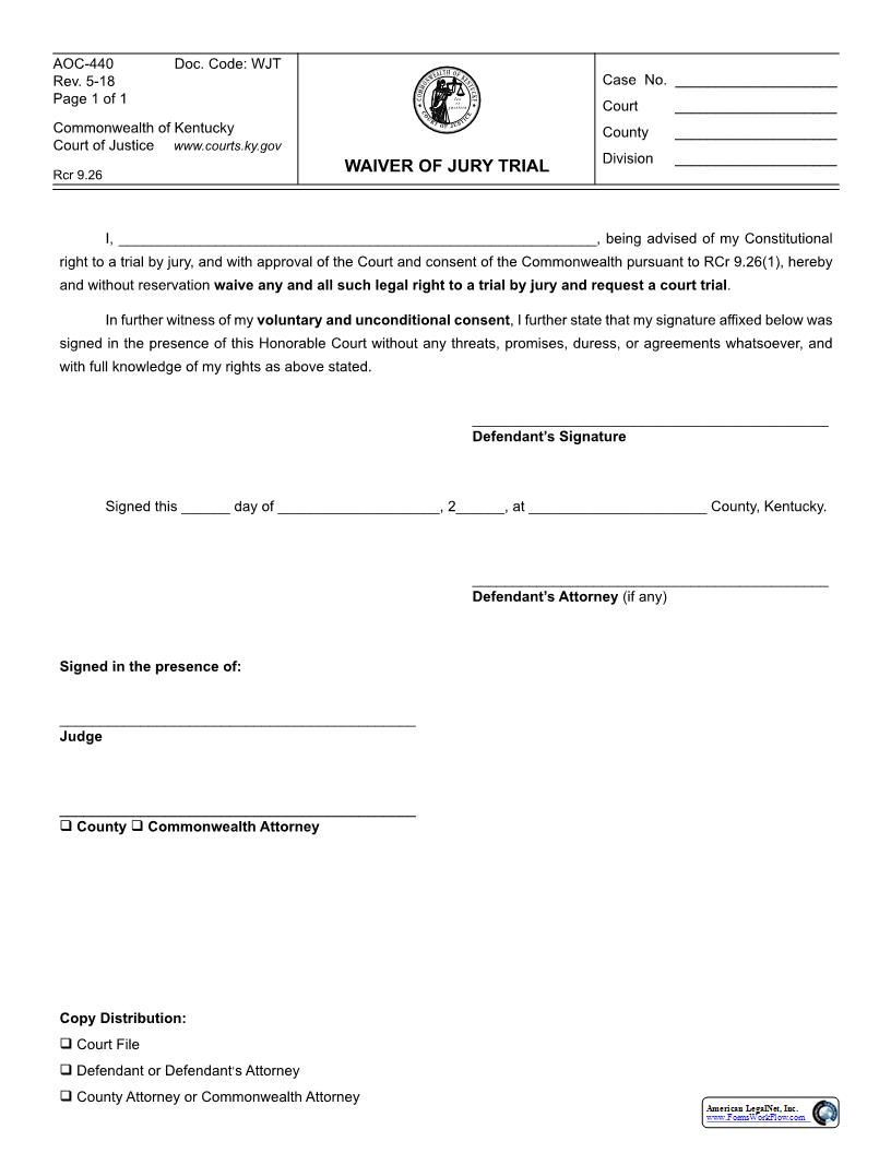 Waiver Of Jury Trial {440} | Pdf Fpdf Docx | Kentucky