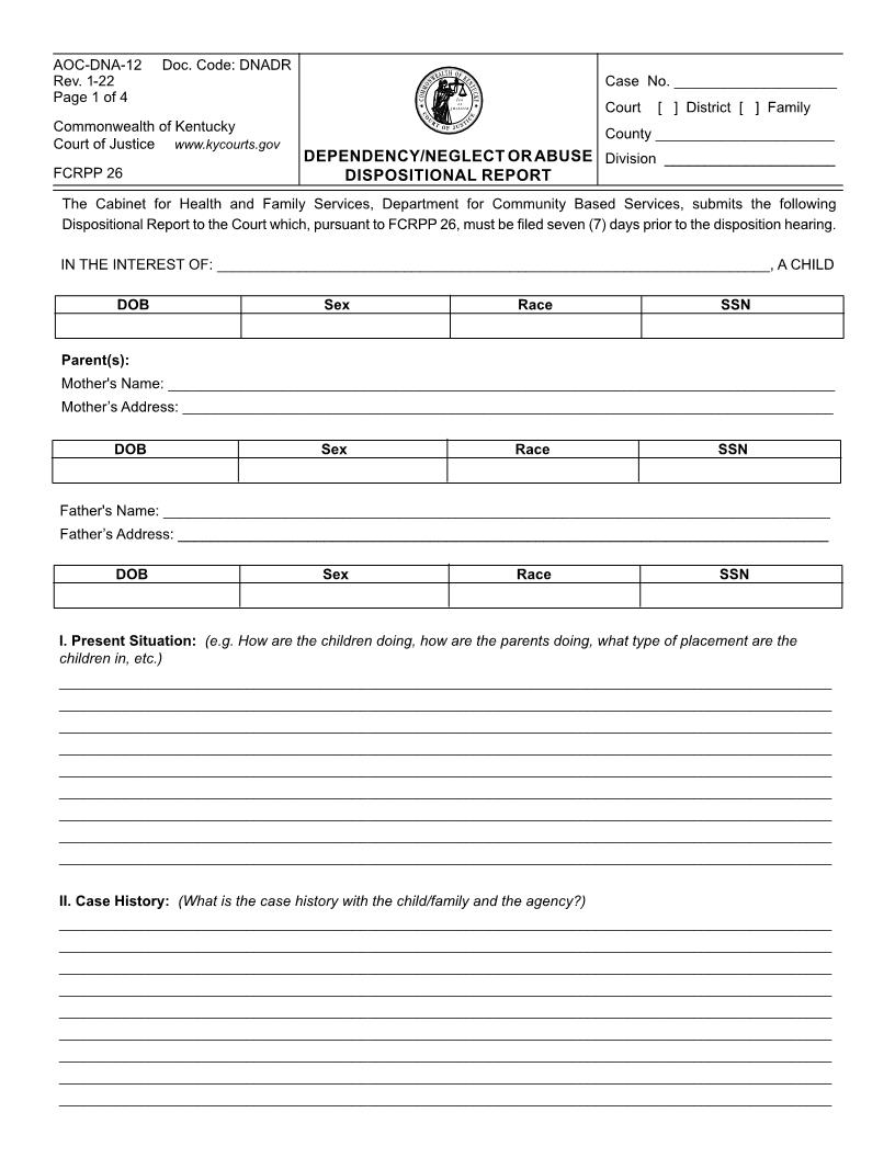 Dependency Neglect Or Abuse Dispositional Report {DNA-12} | Pdf Fpdf Doc Docx | Kentucky