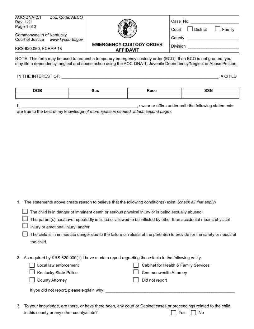 Emergency Custody Order Affidavit {AOC-DNA-2.1} | Pdf Fpdf Docx | Kentucky