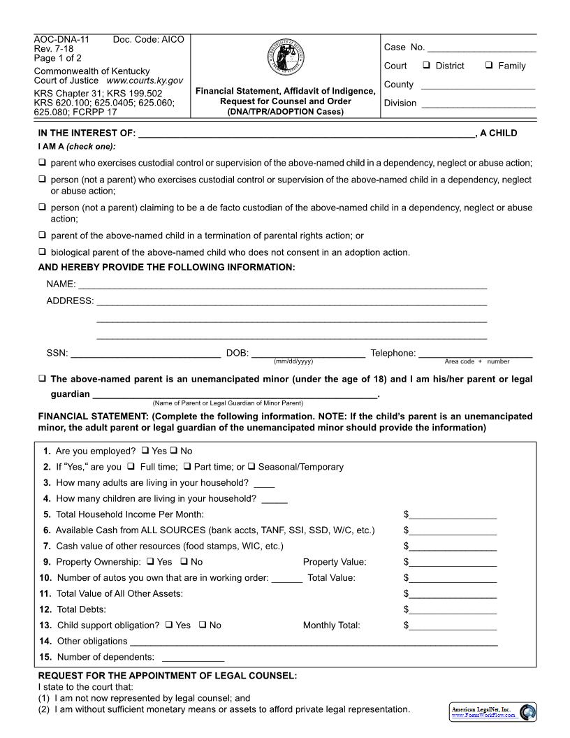 Financial Statement Affidavit Of Indigence {AOC-DNA-11} | Pdf Fpdf Docx | Kentucky
