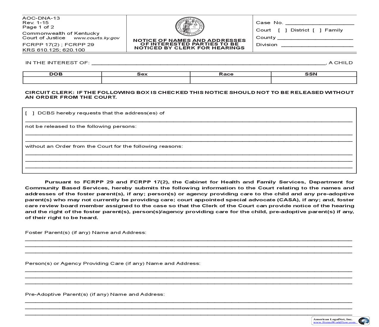 Notice Of Names And Addresses Of Interested Parties To Be Noticed By Clerk {DNA-13} | Pdf Fpdf Doc Docx | Kentucky