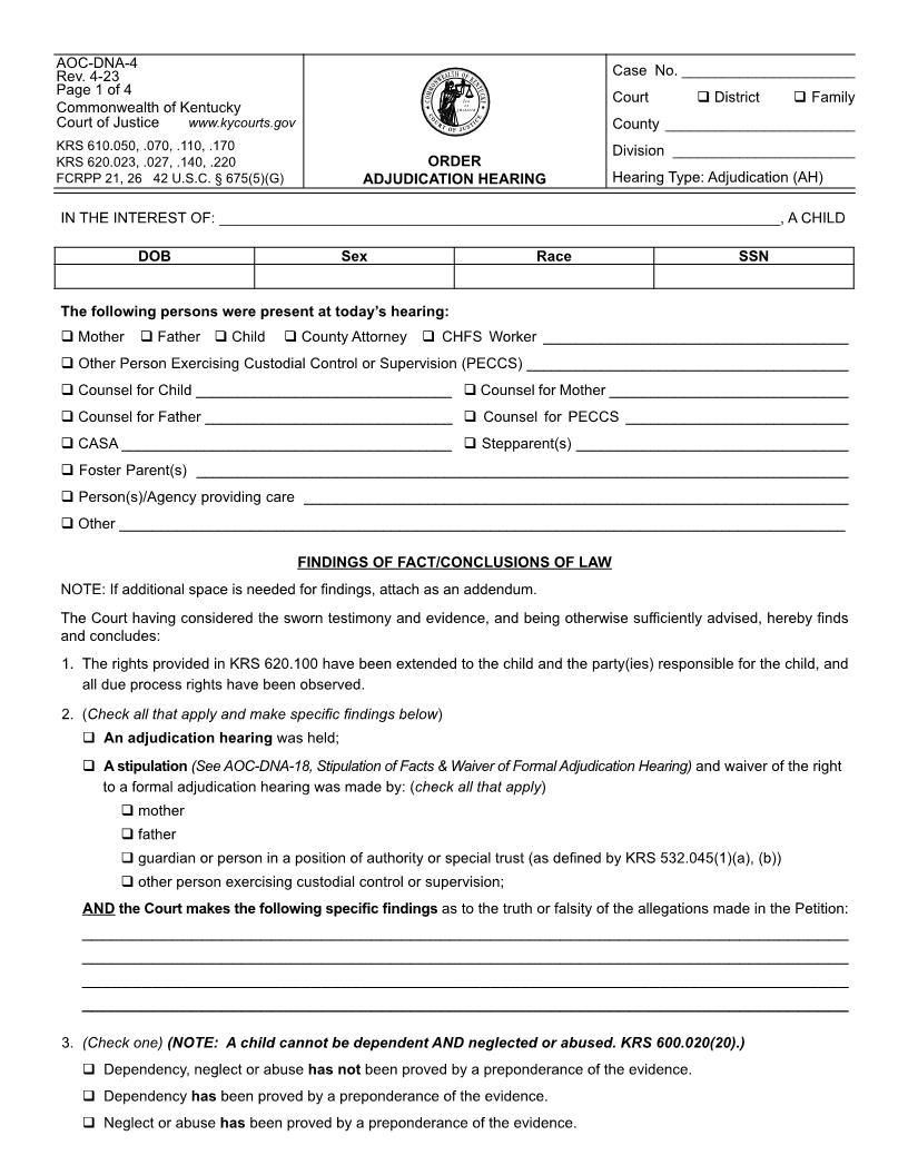 Order Adjucating Hearing {AOC-DNA-4} | Pdf Fpdf Docx | Kentucky