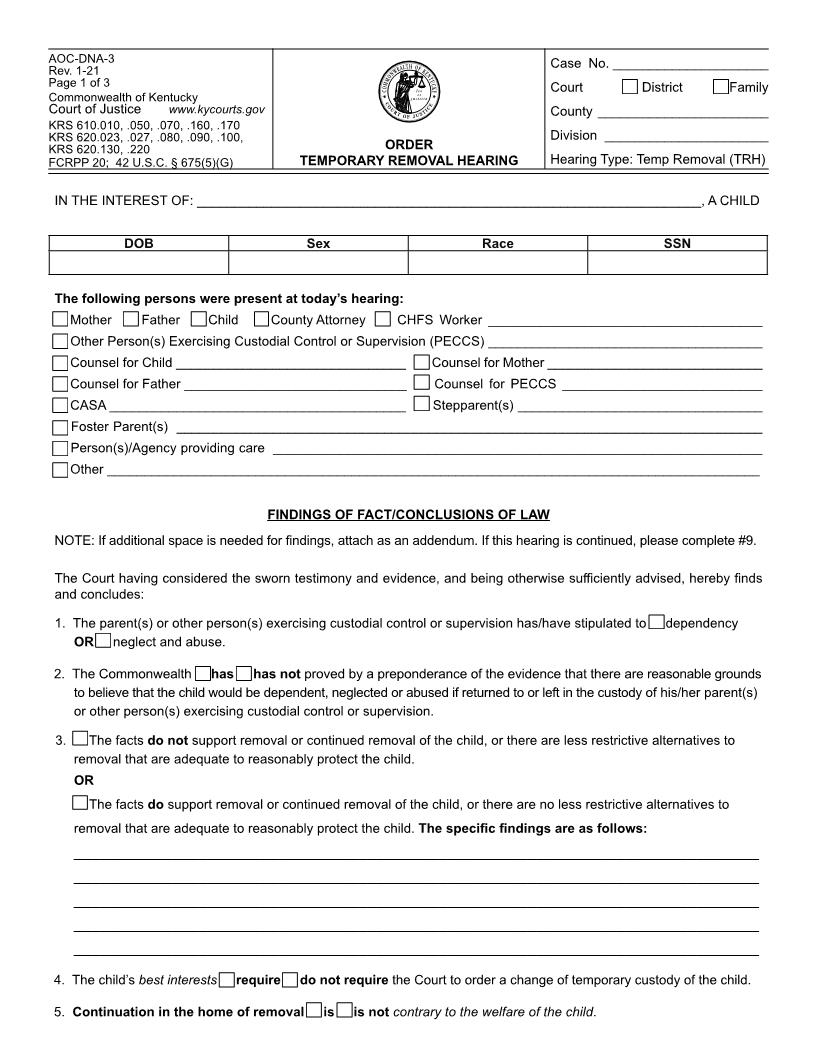 Order Temporary Removal Hearing {AOC-DNA-3} | Pdf Fpdf Docx | Kentucky