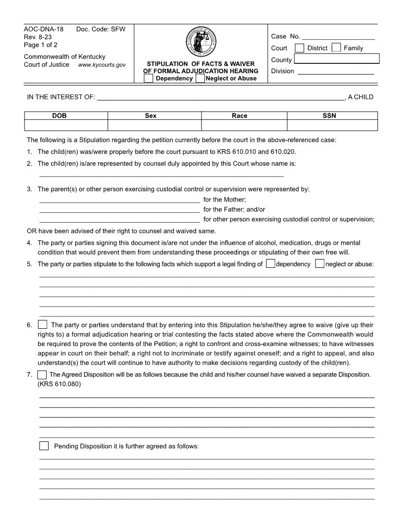 Stipulation Of Facts And Waiver {DNA-18} | Pdf Fpdf Doc Docx | Kentucky