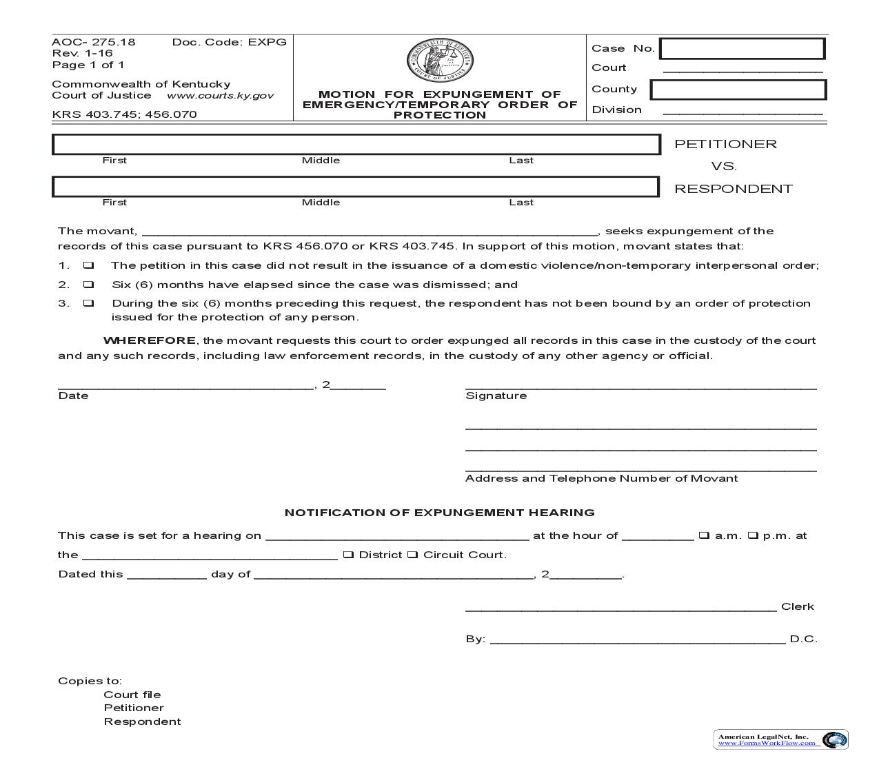 Motion For Expungement Of Emergency Temporary Order Of Protection {275.18} | Pdf Fpdf Doc Docx | Kentucky
