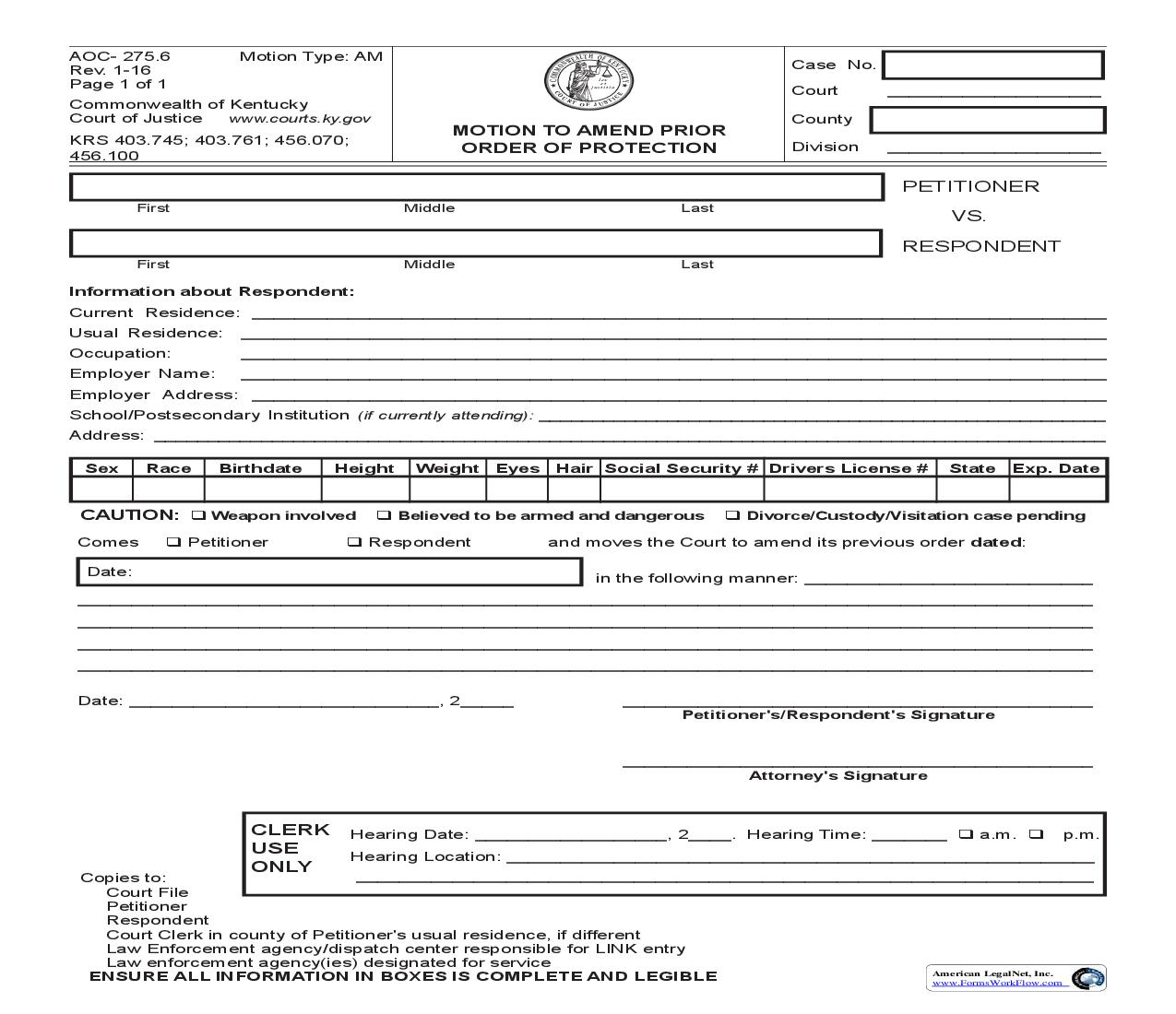 Motion To Amend Prior Domestic Violence Order {275.6} | Pdf Fpdf Doc Docx | Kentucky