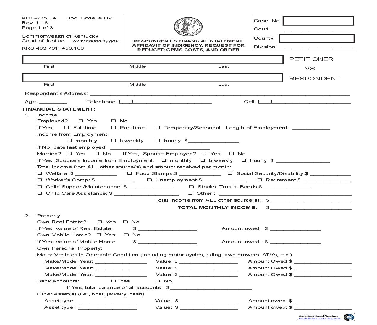 Respondents Financial Statement - Affidavit Of Indingency - Reduced GPMS And Order {275.14} | Pdf Fpdf Doc Docx | Kentucky
