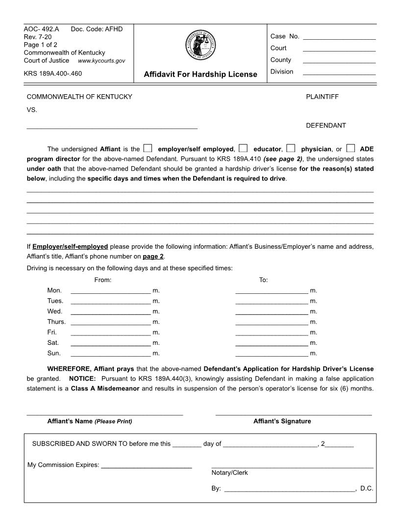 Affidavit For Hardship License {492.A} | Pdf Fpdf Doc Docx | Kentucky