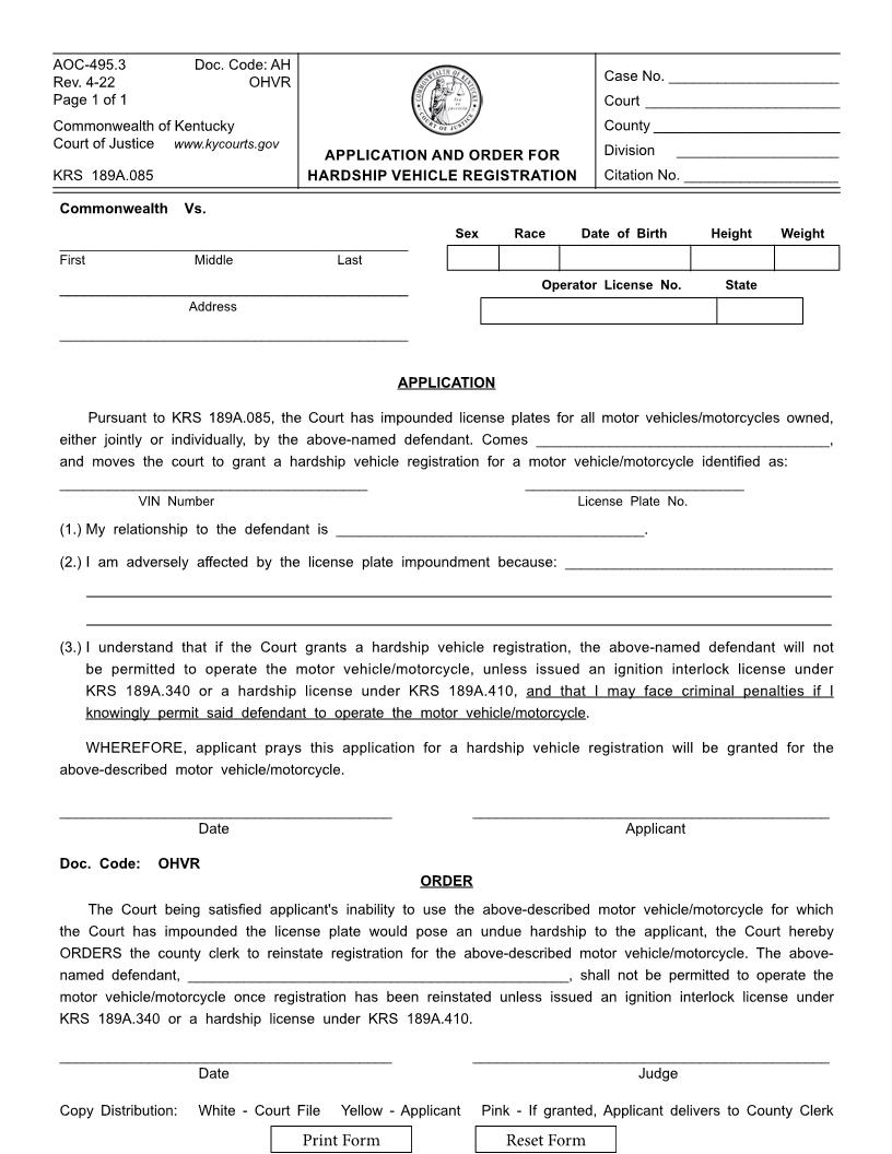 Application And Order For Hardship Vehicle Registration {495.3} | Pdf Fpdf Doc Docx | Kentucky