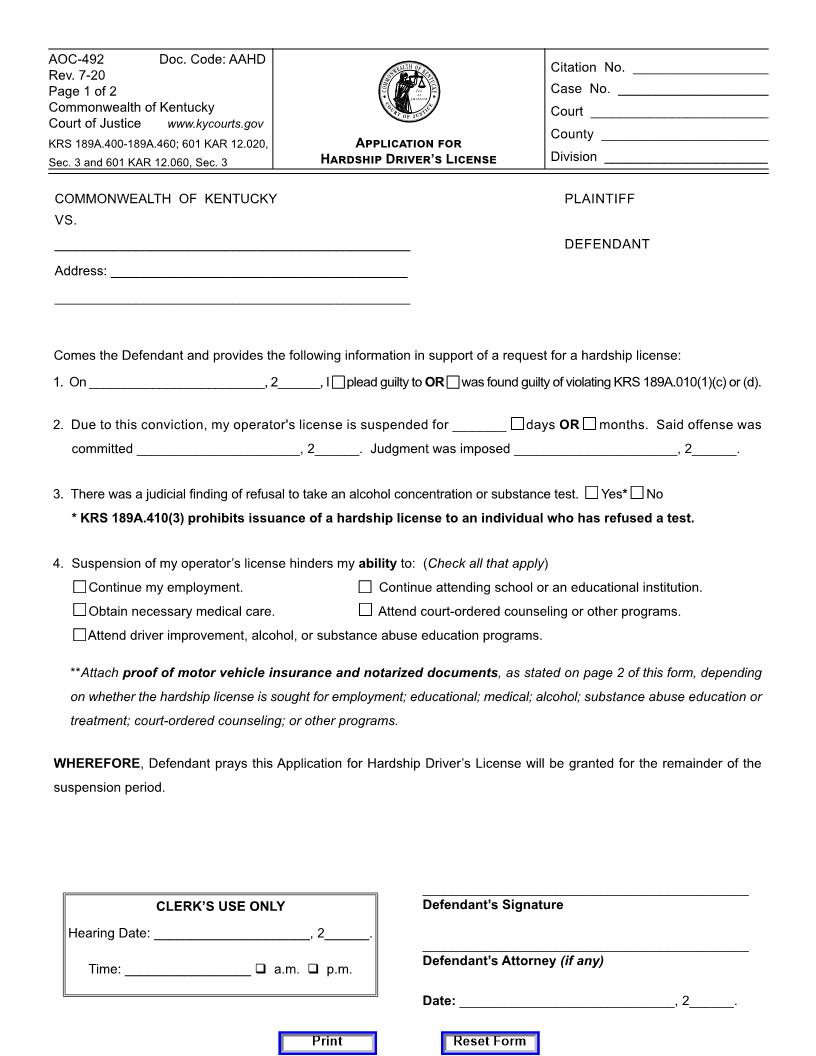 Application For Hardship Drivers License {492} | Pdf Fpdf Doc Docx | Kentucky