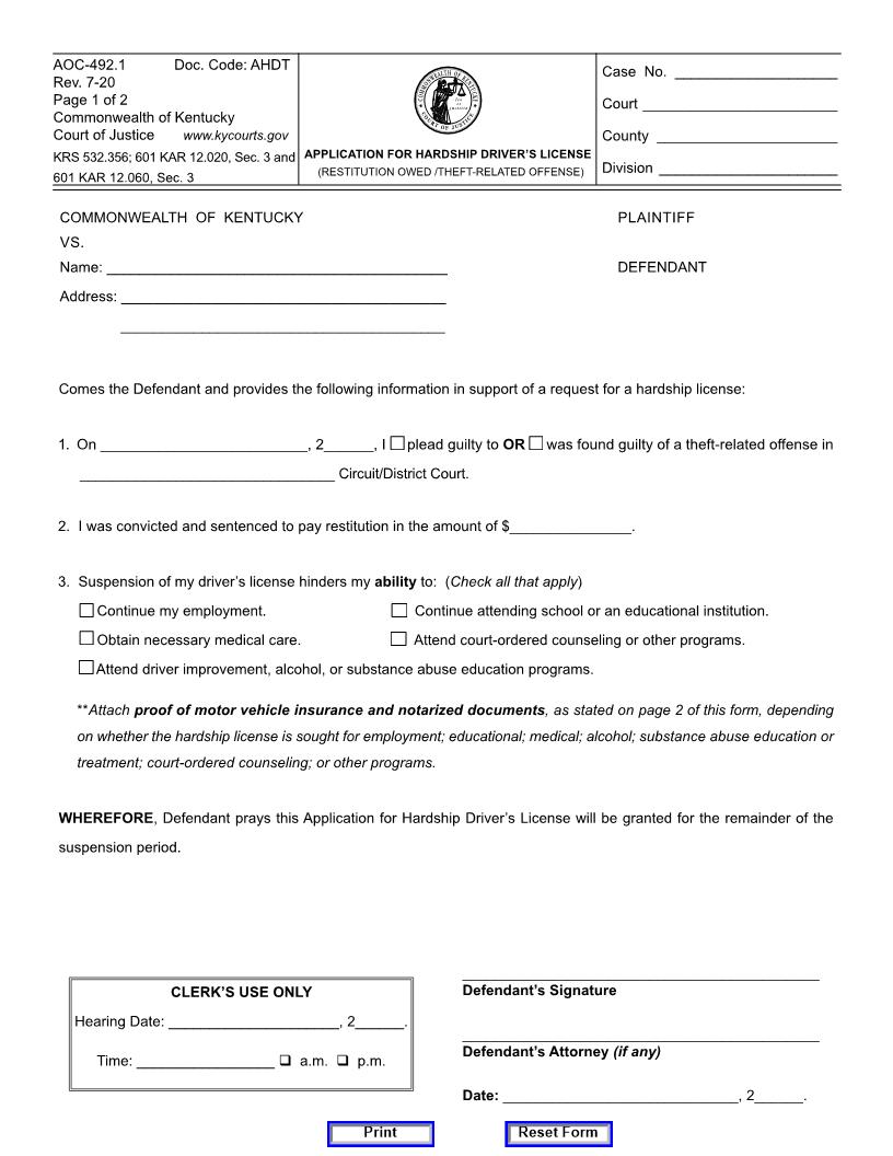 Application For Hardship Drivers's License {AOC-492.1} | Pdf Fpdf Docx | Kentucky