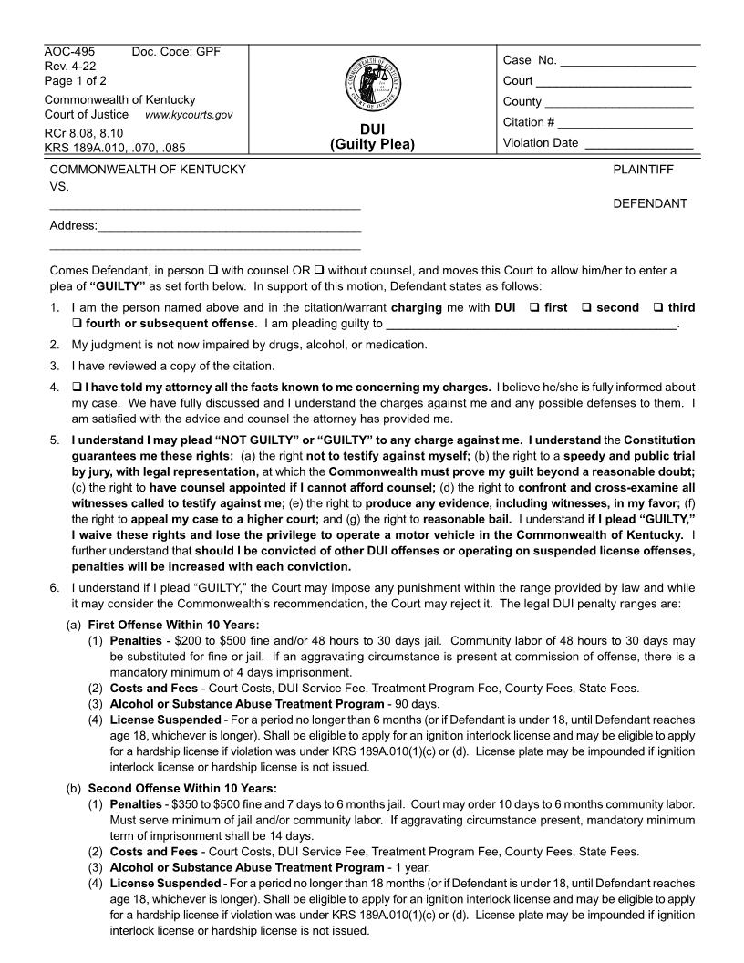 DUI Guilty Plea {495} | Pdf Fpdf Doc Docx | Kentucky