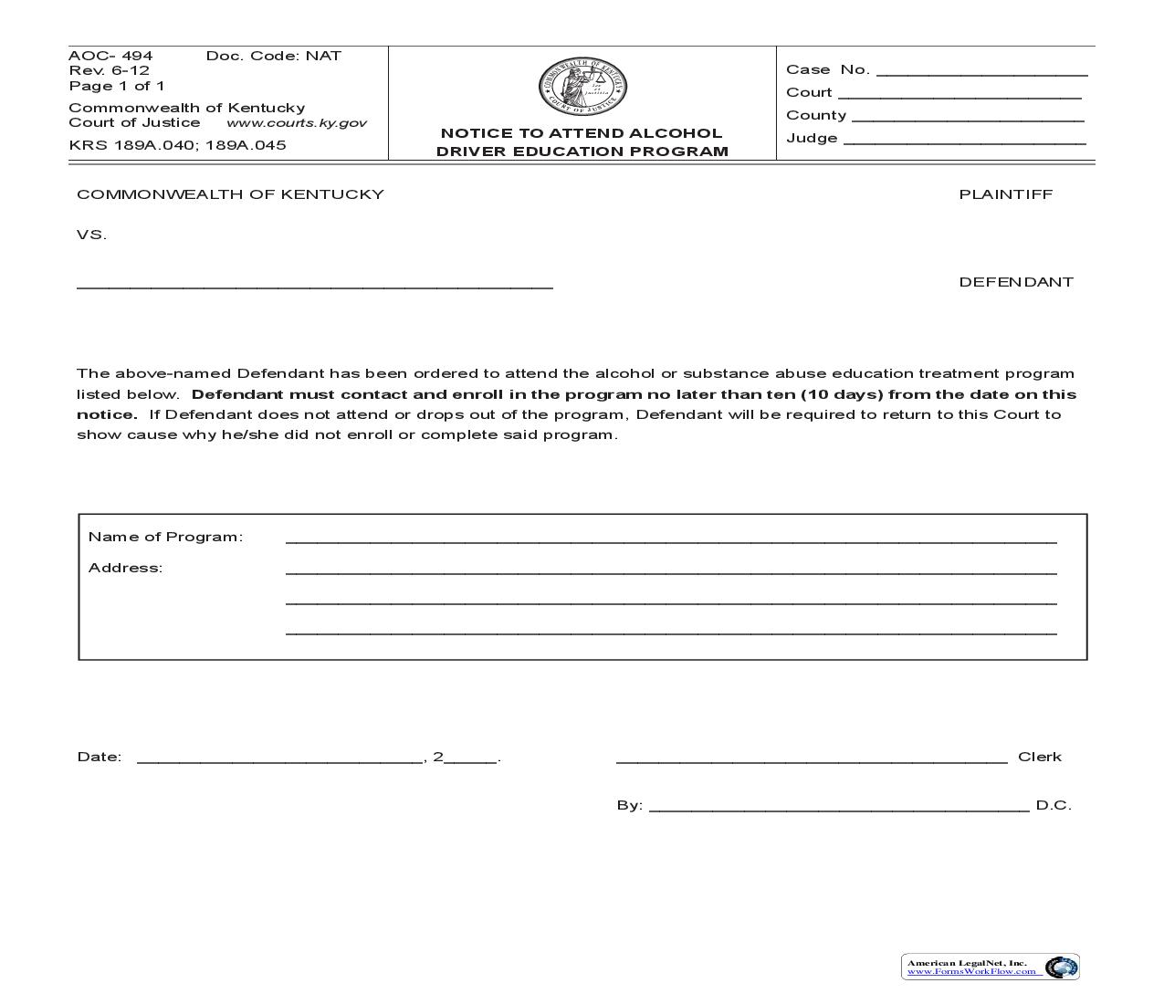 Notice To Attend Alcohol Driver Education Program {494} | Pdf Fpdf Doc Docx | Kentucky