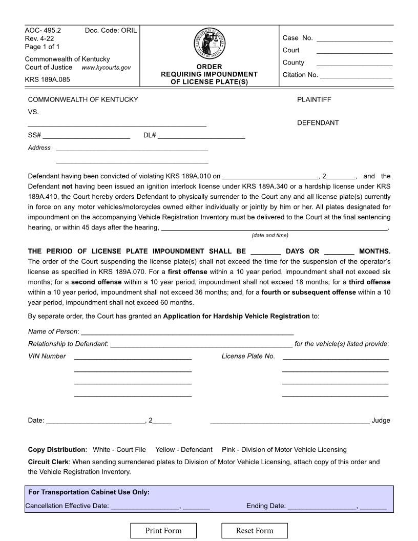 Order Requiring Impoundment Of License Plate {495.2} | Pdf Fpdf Docx | Kentucky