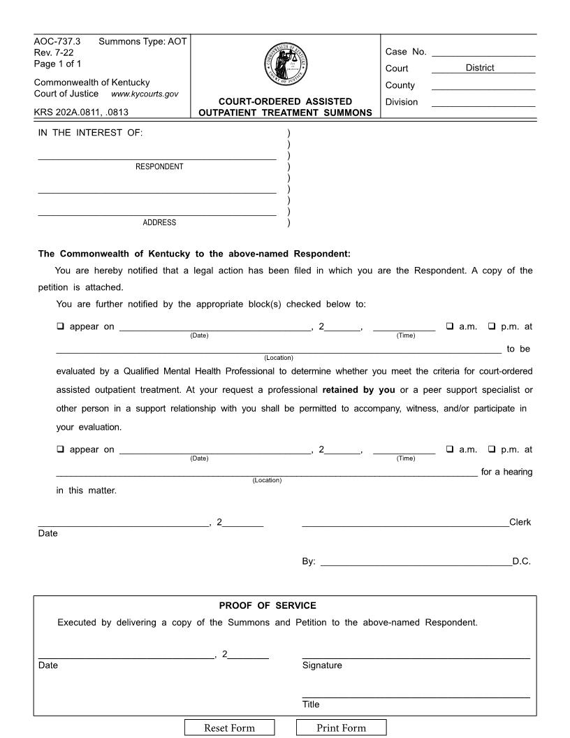 Court-Ordered Assisted Outpatient Treatment Summons {AOC-737.3} | Pdf Fpdf Docx | Kentucky