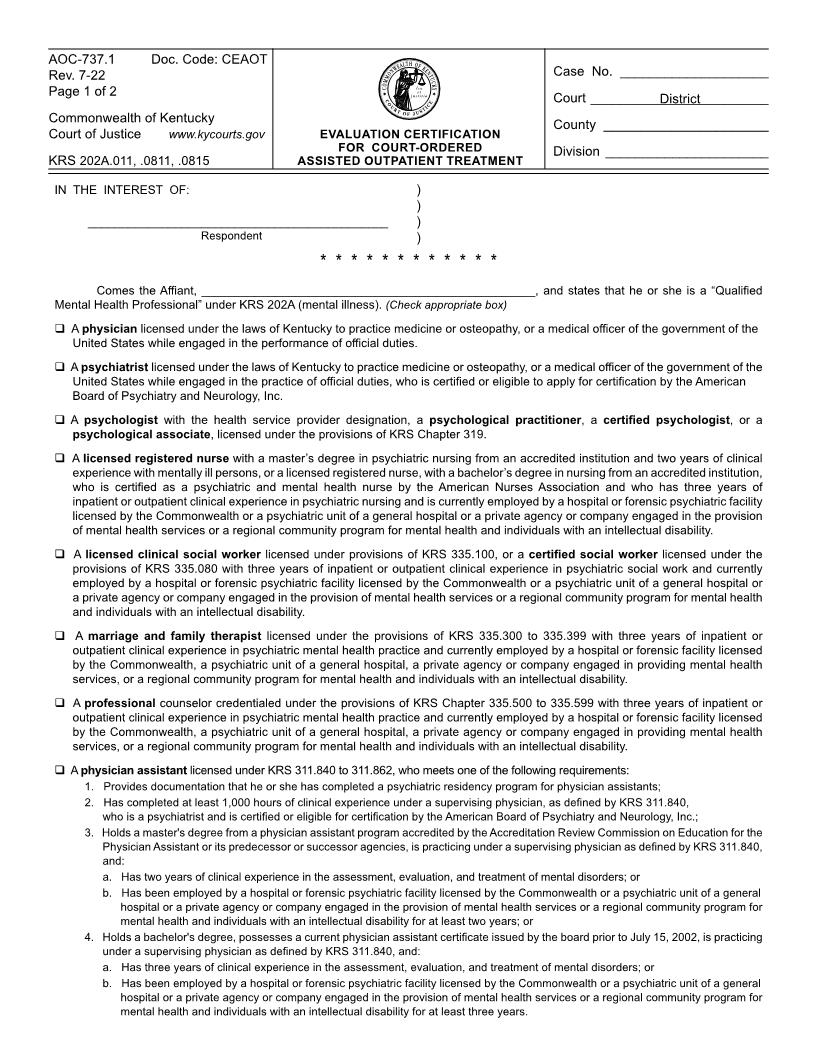 Examination Certification For Court Ordered Assisted Outpatient Treatment {AOC-737.1} | Pdf Fpdf Docx | Kentucky