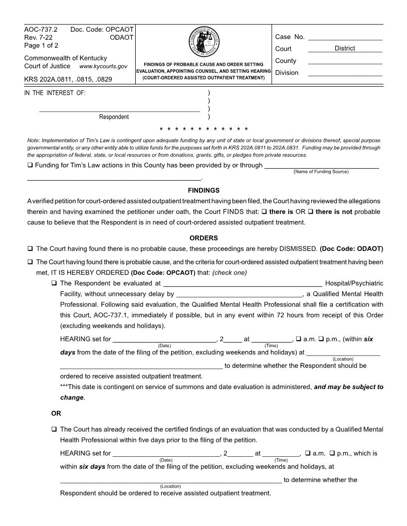 Findings Of Probable Cause And Order Setting Examination {AOC-737.2} | Pdf Fpdf Docx | Kentucky