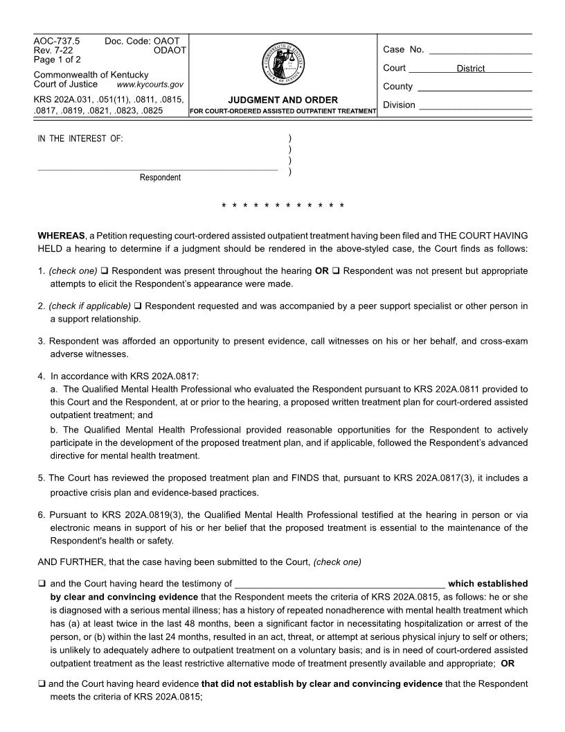 Judgment And Order {AOC-737.5} | Pdf Fpdf Docx | Kentucky