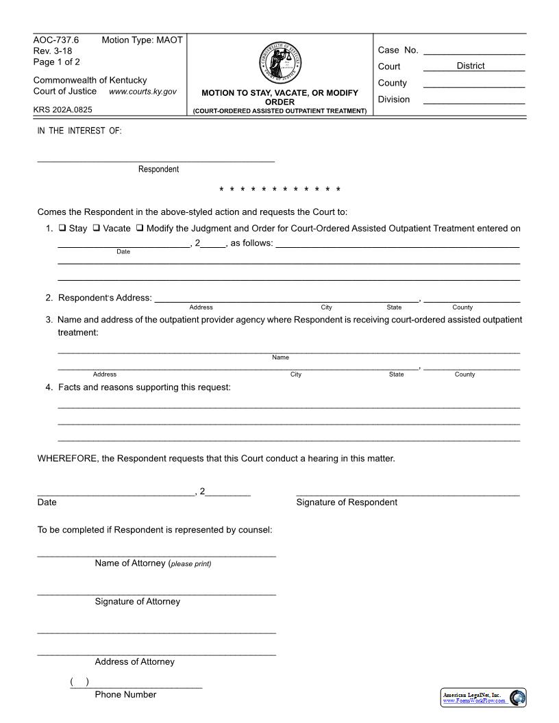 Motion To Stay Vacate Or Modify Order {AOC-737.6} | Pdf Fpdf Docx | Kentucky
