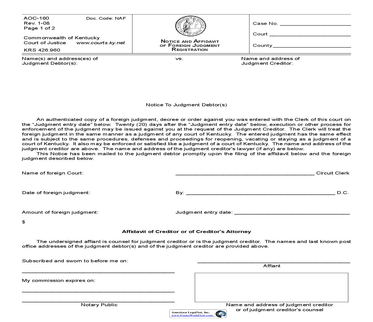 Notice And Affidavit Of Foreign Judgment Registration {160} | Pdf Fpdf Doc Docx | Kentucky