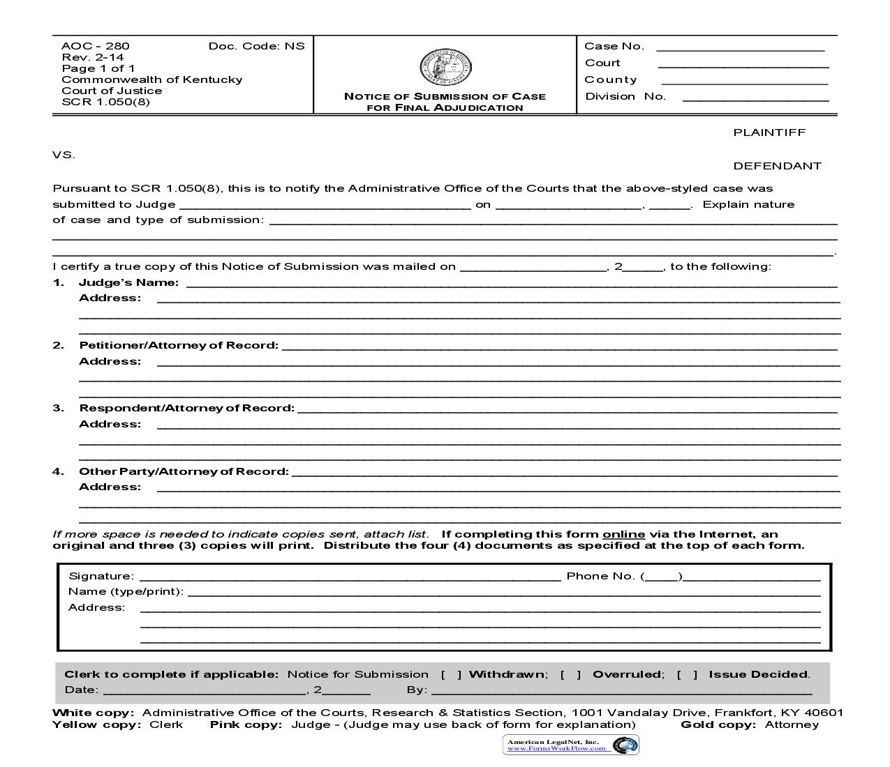 Notice Of Submission Of Case For Final Adjudication {280} | Pdf Fpdf Doc Docx | Kentucky