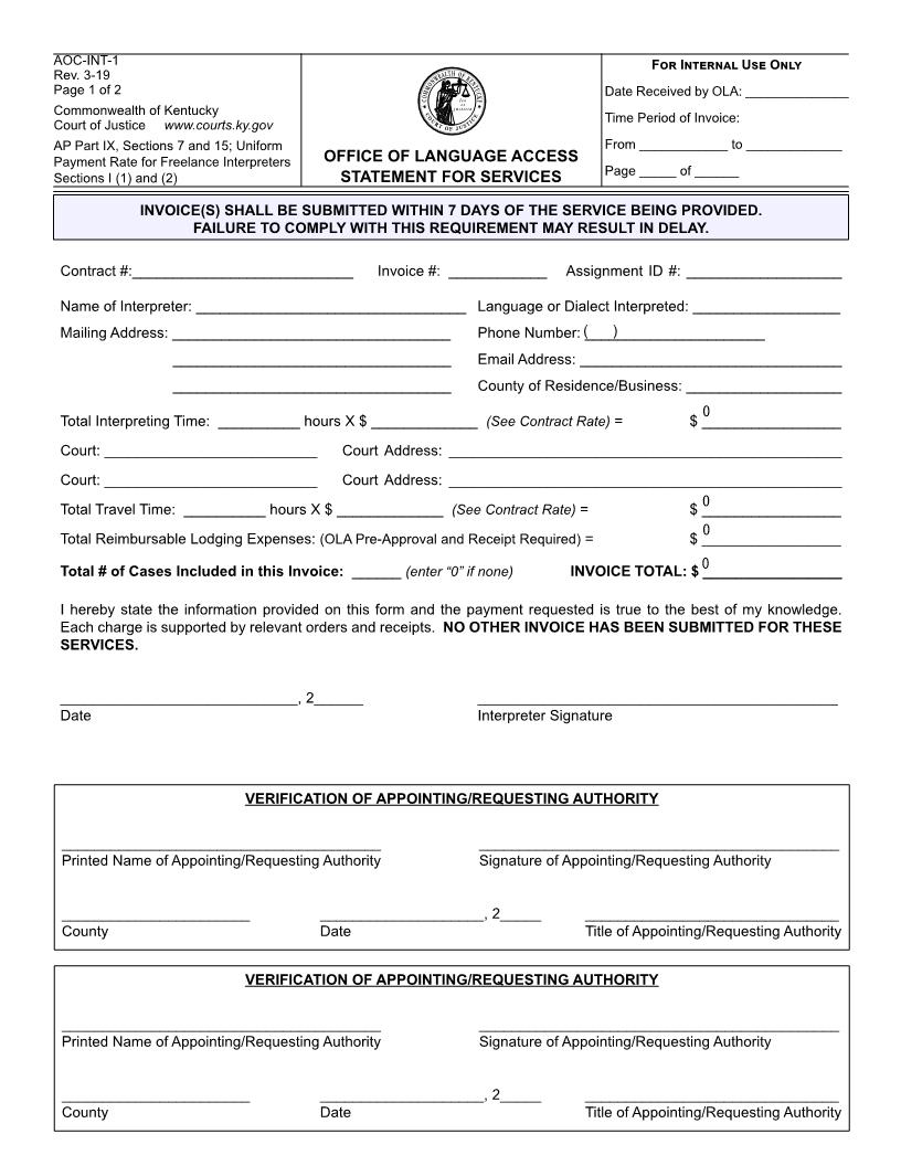 Office Of Language Access Statement For Services {AOC-INT-01} | Pdf Fpdf Docx | Kentucky