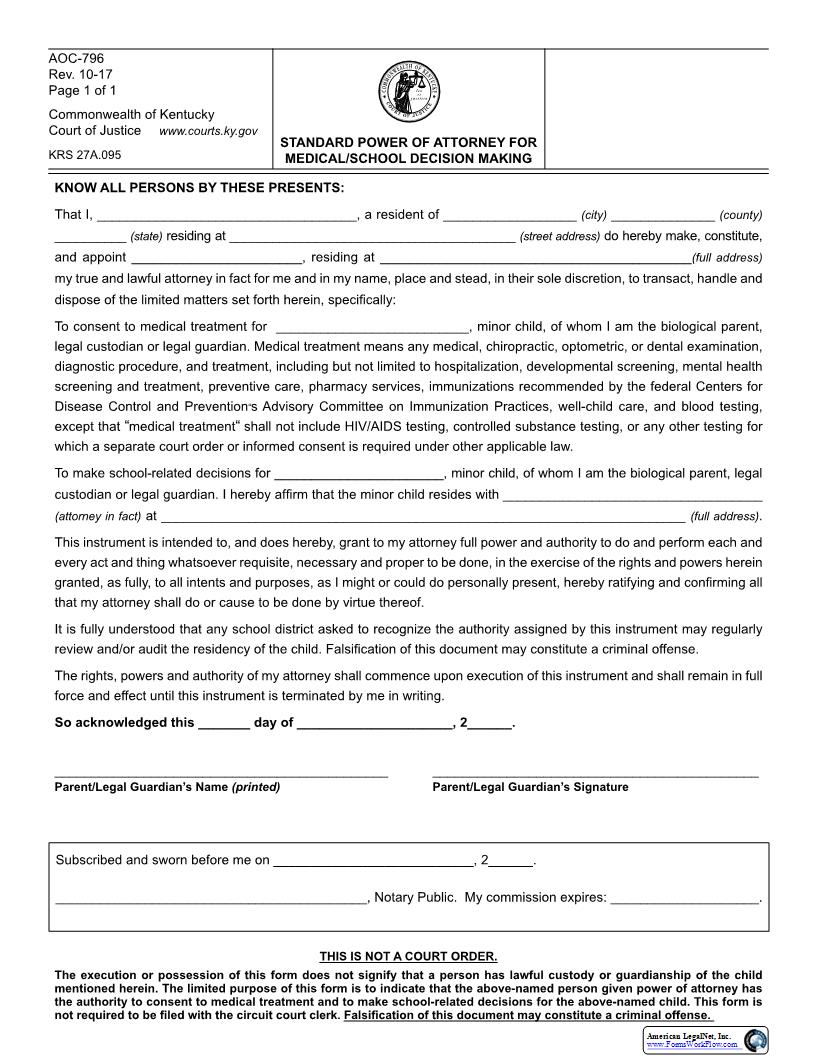 Standard Power Of Attorney For Medical School Decision Making {796} | Pdf Fpdf Docx | Kentucky