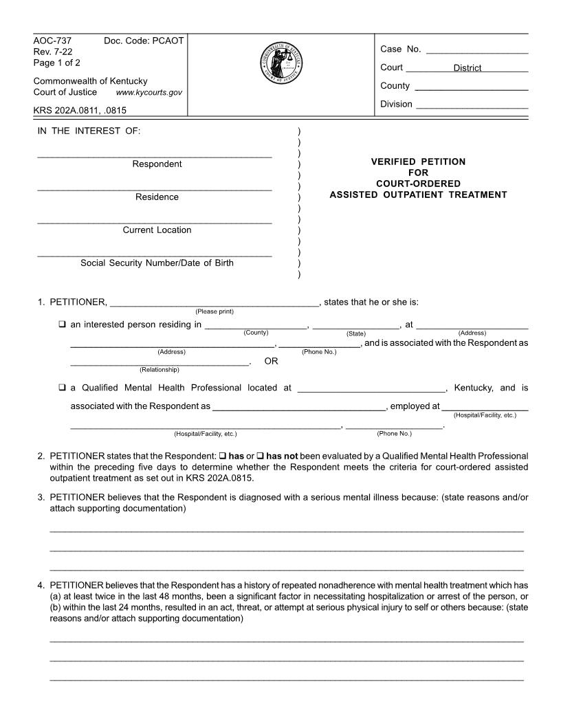 Verified Petition For Court Ordered Assisted Outpatient Treatment {AOC-737} | Pdf Fpdf Docx | Kentucky