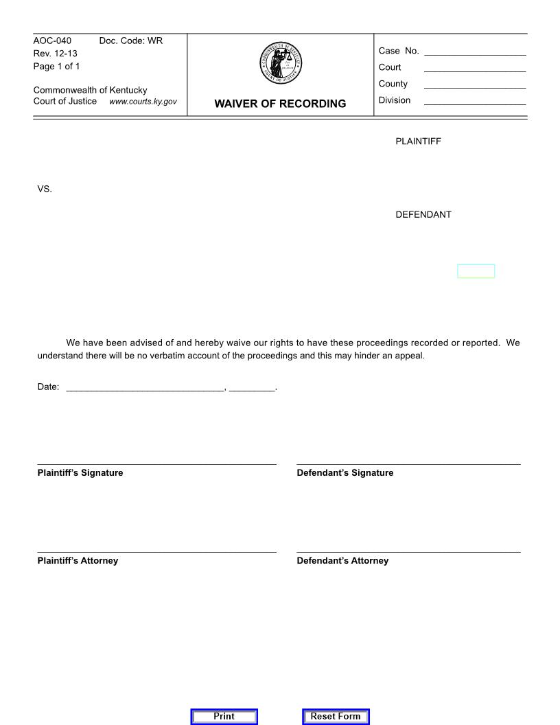 Waiver Of Recording {040} | Pdf Fpdf Doc Docx | Kentucky