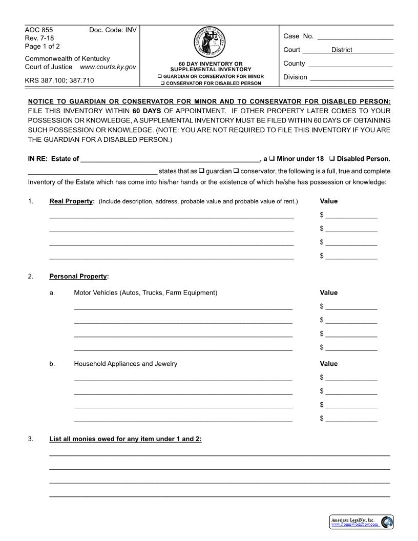 60 Day Inventory Or Supplemental Inventory {AOC-855} | Pdf Fpdf Docx | Kentucky