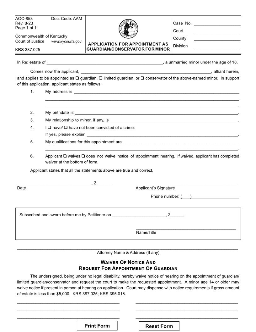 Application For Appointment As Guardian-Conservator For Minor {853} | Pdf Fpdf Doc Docx | Kentucky