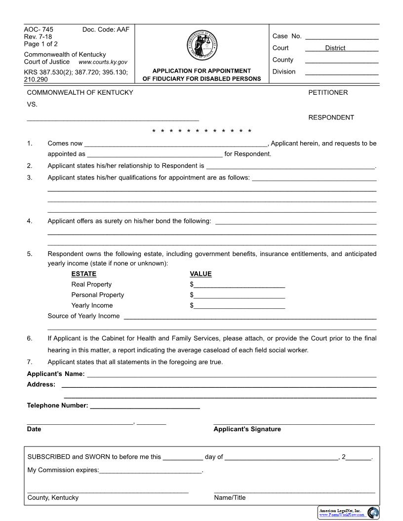 Application For Appointment Of Fiduciary For Disabled Persons {AOC-745} | Pdf Fpdf Docx | Kentucky