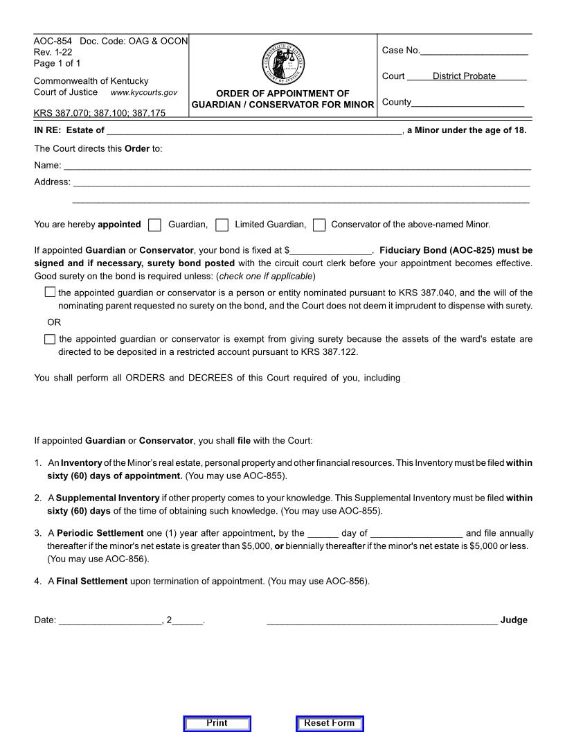 Order Of Appointment Of Guardian Conservator For Minor {AOC-854} | Pdf Fpdf Docx | Kentucky