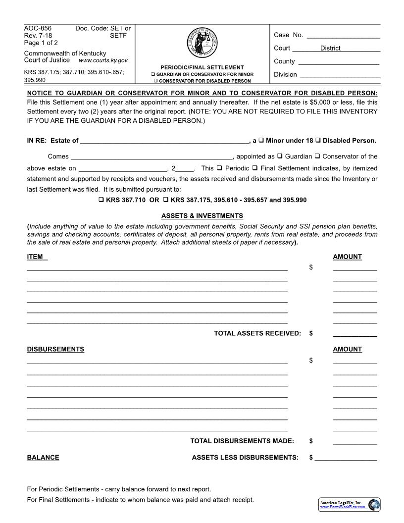 Periodic And Or Final Settlement {AOC-856} | Pdf Fpdf Docx | Kentucky