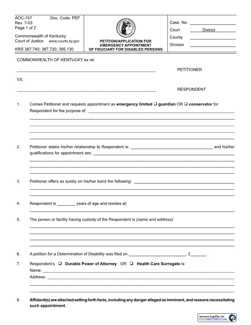 Petition Application For Emergency Appointment Of Fiduciary For Disabled Persons {747} | Pdf Fpdf Docx | Kentucky