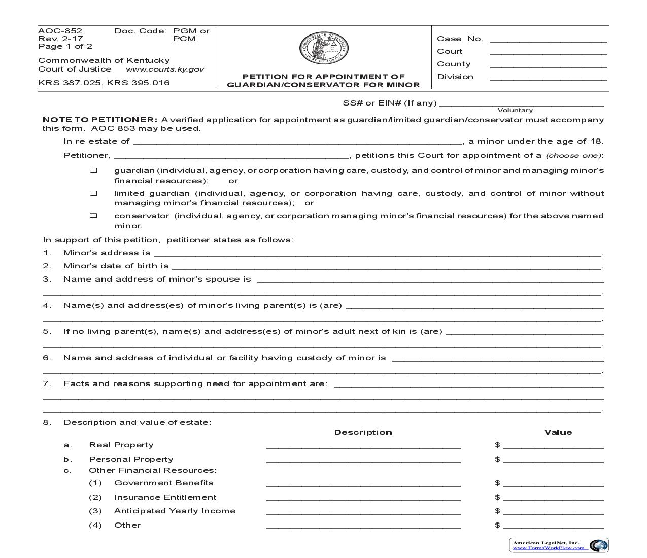 Petition For Appointment Of Guardian Or Conservator For Minor {852} | Pdf Fpdf Doc Docx | Kentucky